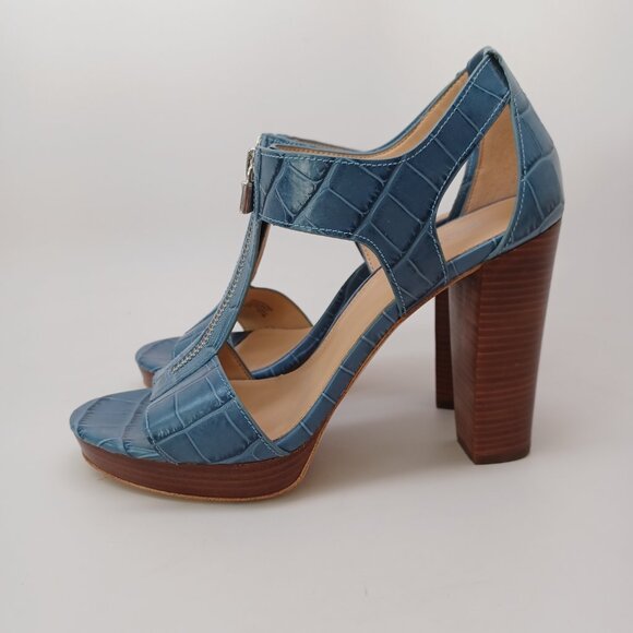Michael Kors Heels Blue Leather Zip Front Platform Sandals Berkley Womens 7 - Picture 6 of 15